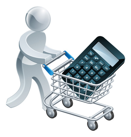 Shopping cart calculator person, a person pushing supermarket shopping trolley cart with a calculator in it. Could be a concept for finding an accountant or math tutorのイラスト素材