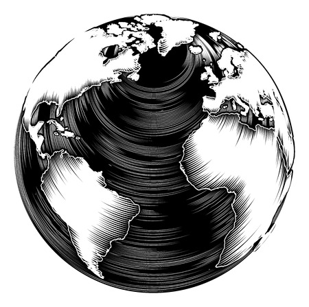 Vintage world globe illustration in a retro woodblock styleのイラスト素材