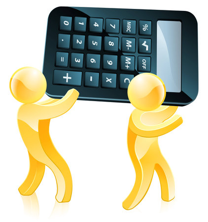 Calculator gold people concept of two 3d men carrying a giant calculatorのイラスト素材