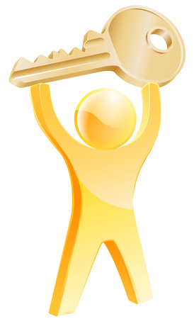 Gold key person concept of a gold mascot holding up a car or house key. Concept for general solving problems or specific to real estate or carのイラスト素材