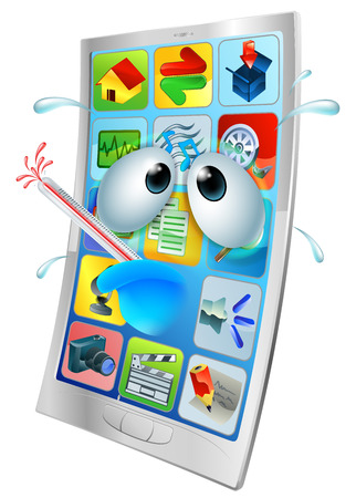 Sick cartoon mobile phone, cartoon of an unwell mobile phone with a bursting thermometer in its mouth.  のイラスト素材