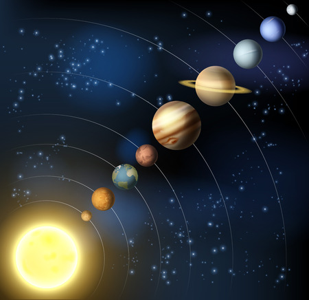 The solar system with the planets orbiting the sun including the minor dwarf planet Plutoのイラスト素材