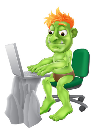 An illustration of a green monster troll character typing on their laptop. Concept for an internet trollのイラスト素材