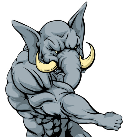 A tough muscular elephant character sports mascot attacking with a punchのイラスト素材