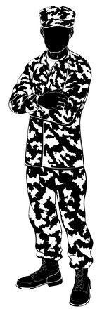 An illustration of a military soldier standing with arms folded in silhouetteのイラスト素材