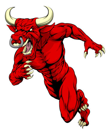An illustration of a mean tough looking red bull sports mascot sprintingのイラスト素材