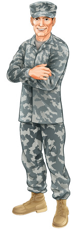 A standing soldier wearing camouflage combat uniform with his arms foldedのイラスト素材