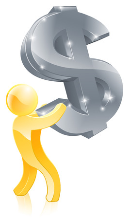 An illustration of a gold person mascot holding a giant dollar signのイラスト素材