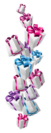 Falling gifts design of lots of nicely wrapped gifts or presents cascading down the page.のイラスト素材