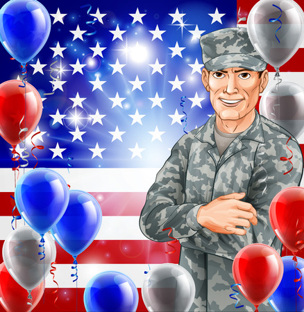 USA Soldier Illustration of a handsome happy American soldier in front of a US flag with party balloons. Great for 4th July, Veterans day, Independence Day or similar.のイラスト素材