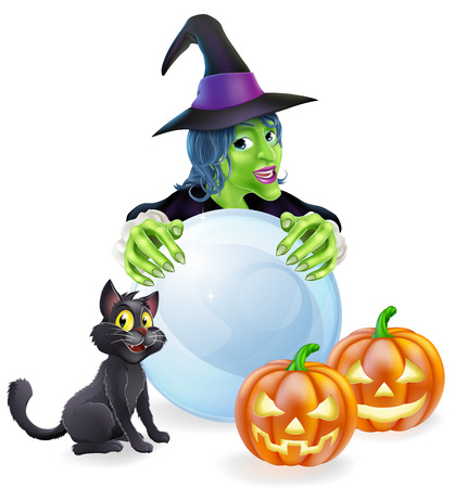 A halloween illustration of a witch, cat pumpkins and crystal ballのイラスト素材