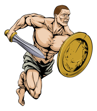 An illustration of a warrior or gladiator man character or sports mascot holding a sword and shieldのイラスト素材