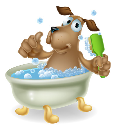Dog grooming concept of cartoon dog character having a bath doing a thumbs up and scrubbing his backのイラスト素材