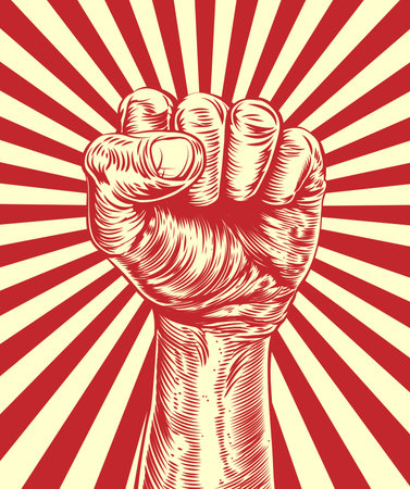 An original illustration of a revolutionary fist held in the air in a vintage wood cut propaganda styleのイラスト素材