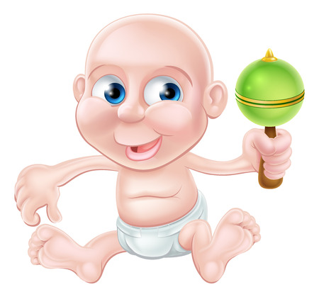 An illustration of a happy cute cartoon baby waving and playing with his toy rattleのイラスト素材