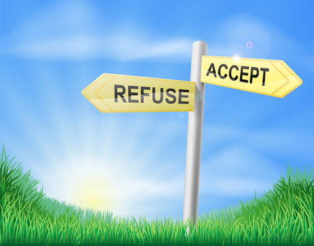 Accept or refuse concept sign of a direction sign in a field pointing to accept and refuseのイラスト素材