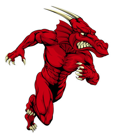 An illustration of a mean tough looking red Dragon sports mascot sprintingのイラスト素材