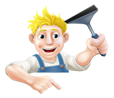 An illustration of a window cleaner holding a squeegee and pointing down at a sign or your messageのイラスト素材