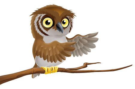 An illustration of a cartoon owl on a tree branch pointing with its wingのイラスト素材