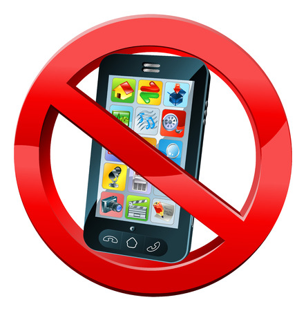 A no mobile phone or please turn off phones sign with a mobile phone in a red crossed circleのイラスト素材