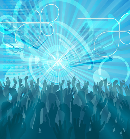 A blue abstract party crowd with hands raised dancing party flyer backgroundのイラスト素材