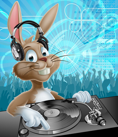 A cartoon Easter Bunny DJ with headphones on at the record decks with party dancing crowd in the backgroundのイラスト素材