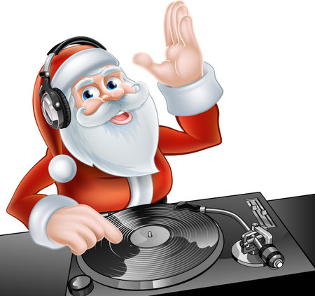 An illustration of cute cartoon Santa Claus DJ at the decks with headphones onのイラスト素材