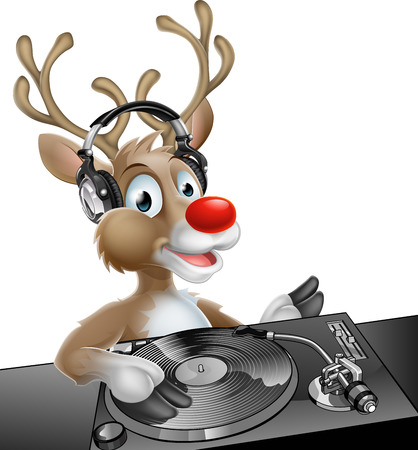 An illustration of a cute cartoon Christmas Reindeer DJ at the decks with headphones onのイラスト素材