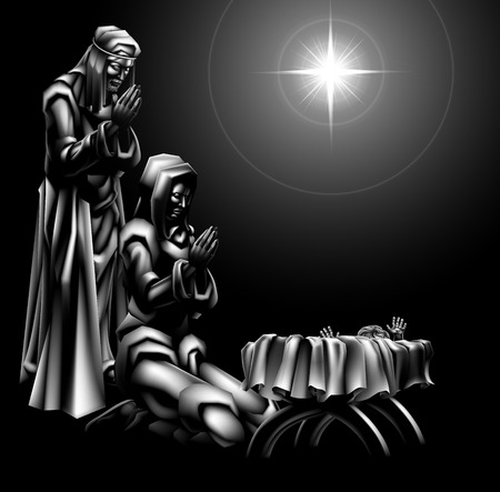 Traditional Christian Christmas Nativity Scene of baby Jesus beneath the star in the manger with Mary and Josephのイラスト素材