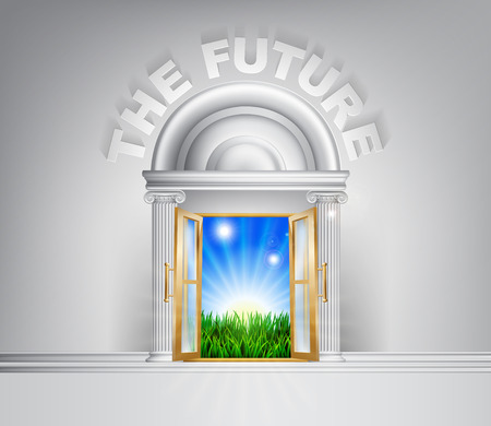 Future door concept. A conceptual illustration for a happy verdant future of a door opening onto a field of lush green grassのイラスト素材