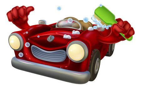 Cartoon car wash character covered in bubbles giving a thumbs up and scrubbing himself with a cleaning brushのイラスト素材