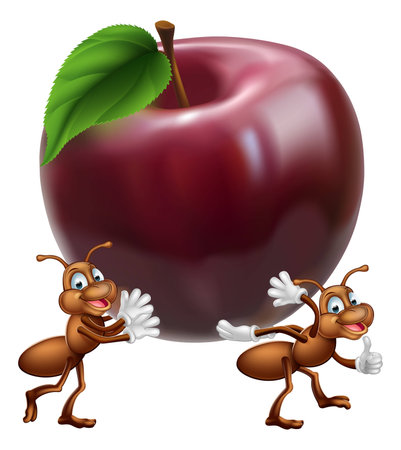 An illustration of a cute cartoon ant characters carrying an appleのイラスト素材