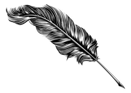 An original illustration of a feather quill pen in a vintage woodblock styleのイラスト素材
