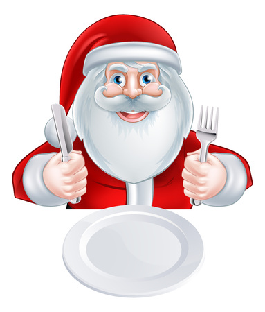 A Christmas cartoon illustration of Santa Claus holding his knife and fork about to eatのイラスト素材