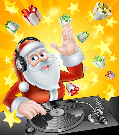 Cartoon Christmas Santa Claus DJ with headphones on at the record decks with Christmas gift presents in the backgroundのイラスト素材