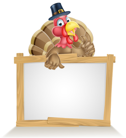 Thanksgiving sign with cartoon turkey bird wearing a pilgrim or puritan thanksgiving hatのイラスト素材
