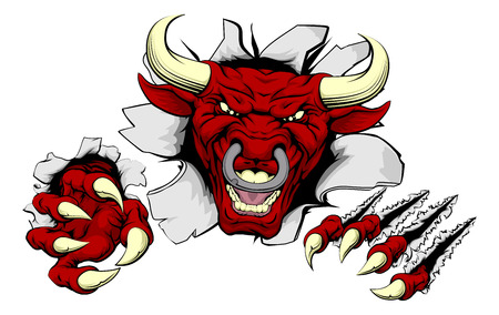 An illustration of a tough looking red bull animal sports mascot or character breaking through