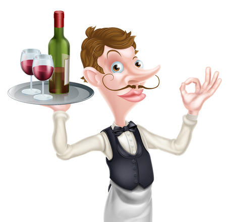 A cartoon waiter holding a silver tray with a bottle of wine and wine glasses full of wine on it doing a perfect hand signのイラスト素材