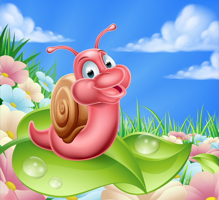 An illustration of a cute cartoon snail character in a summer meadow with flowersのイラスト素材