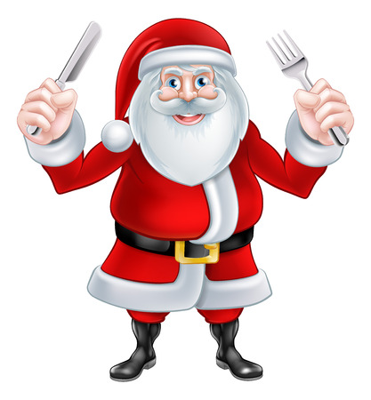 Christmas cartoon Santa Claus holding a knife and fork ready for dinnerのイラスト素材