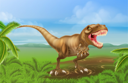 An illustration of a mean looking Tyrannosaurs Rex dinosaur in a prehistoric backgroundのイラスト素材