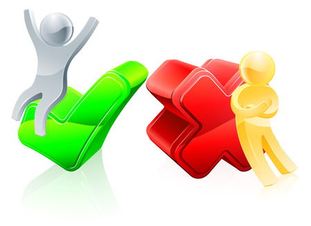 A happy man on a tick symbol and grumpy one leaning on a cross iconのイラスト素材