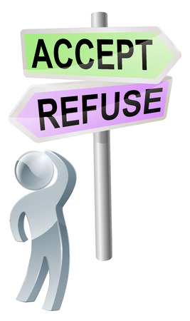 A person with a decision to make looking up at a sign with directions to accept or refuseのイラスト素材