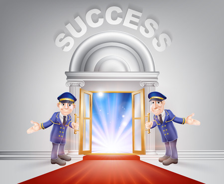 Success Door concept of a doormen holding open a red carpet entrance to success with light streaming through it.のイラスト素材