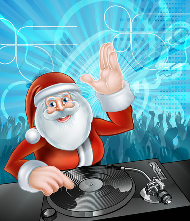 Santa Claus cartoon Christmas party DJ with at the record decks with dancing crowd in the backgroundのイラスト素材