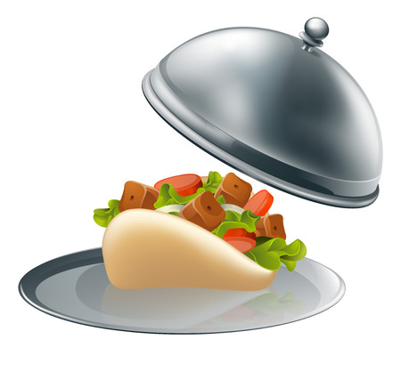 A souvlaki kebab in pita bread on a silver platter serving trayのイラスト素材