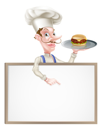 An illustration of a cartoon chef holding a tray with a burger on it  and pointing at a signboardのイラスト素材