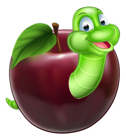 An illustration of a happy cute cartoon green caterpillar worm mascot coming out of an appleのイラスト素材