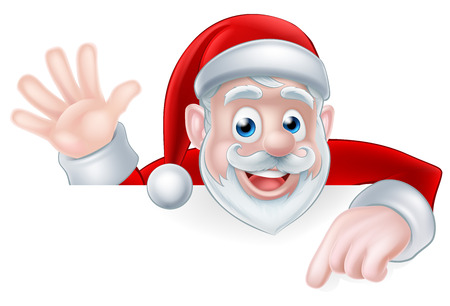 An illustration of a cartoon Santa claus waving and pointing while peeking over a signのイラスト素材