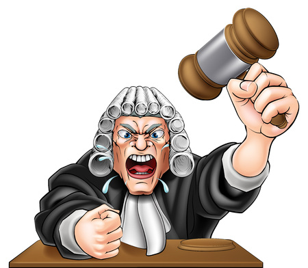 An illustration of an angry judge cartoon character with fist and wooden gavelのイラスト素材